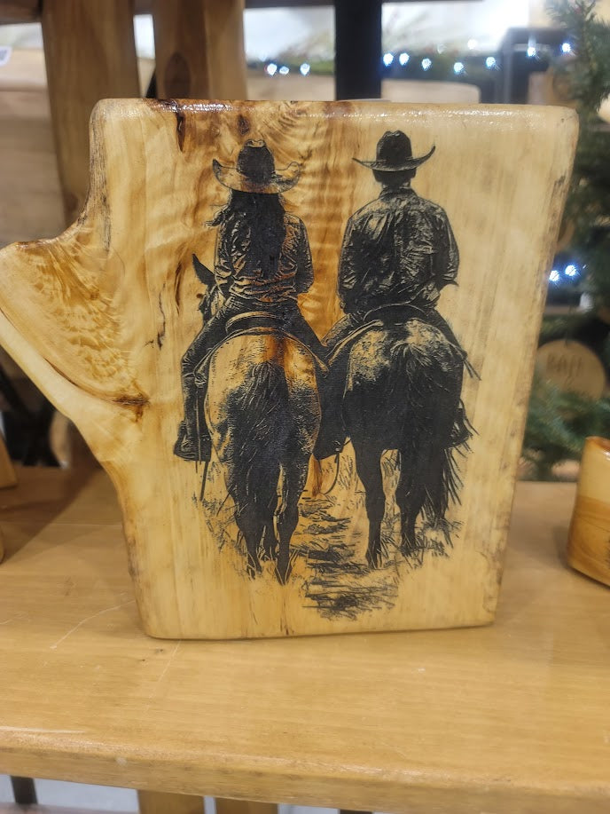 Cowboy Couple Horses Log Engraving
