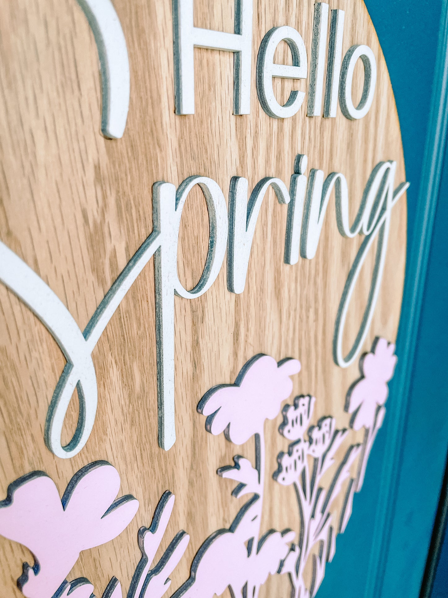 Hello Spring Flower Silhouette Round Sign