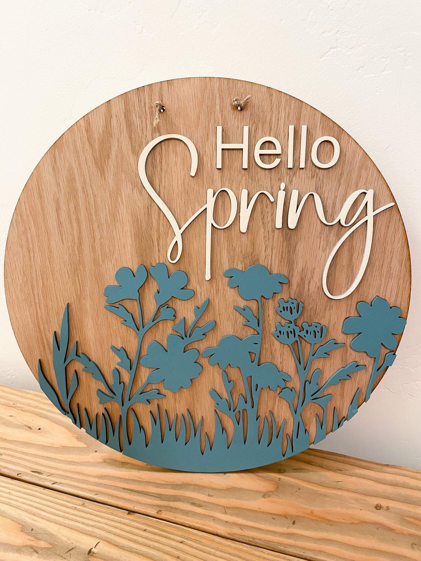 Hello Spring Flower Silhouette Round Sign
