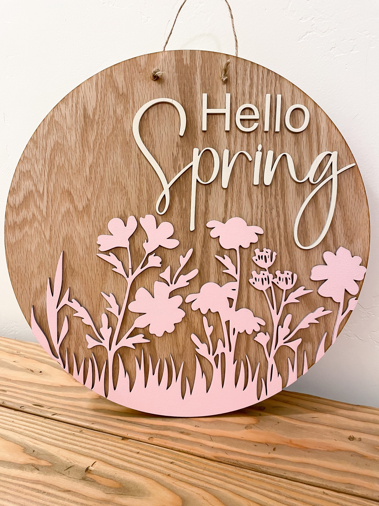 Hello Spring Flower Silhouette Round Sign