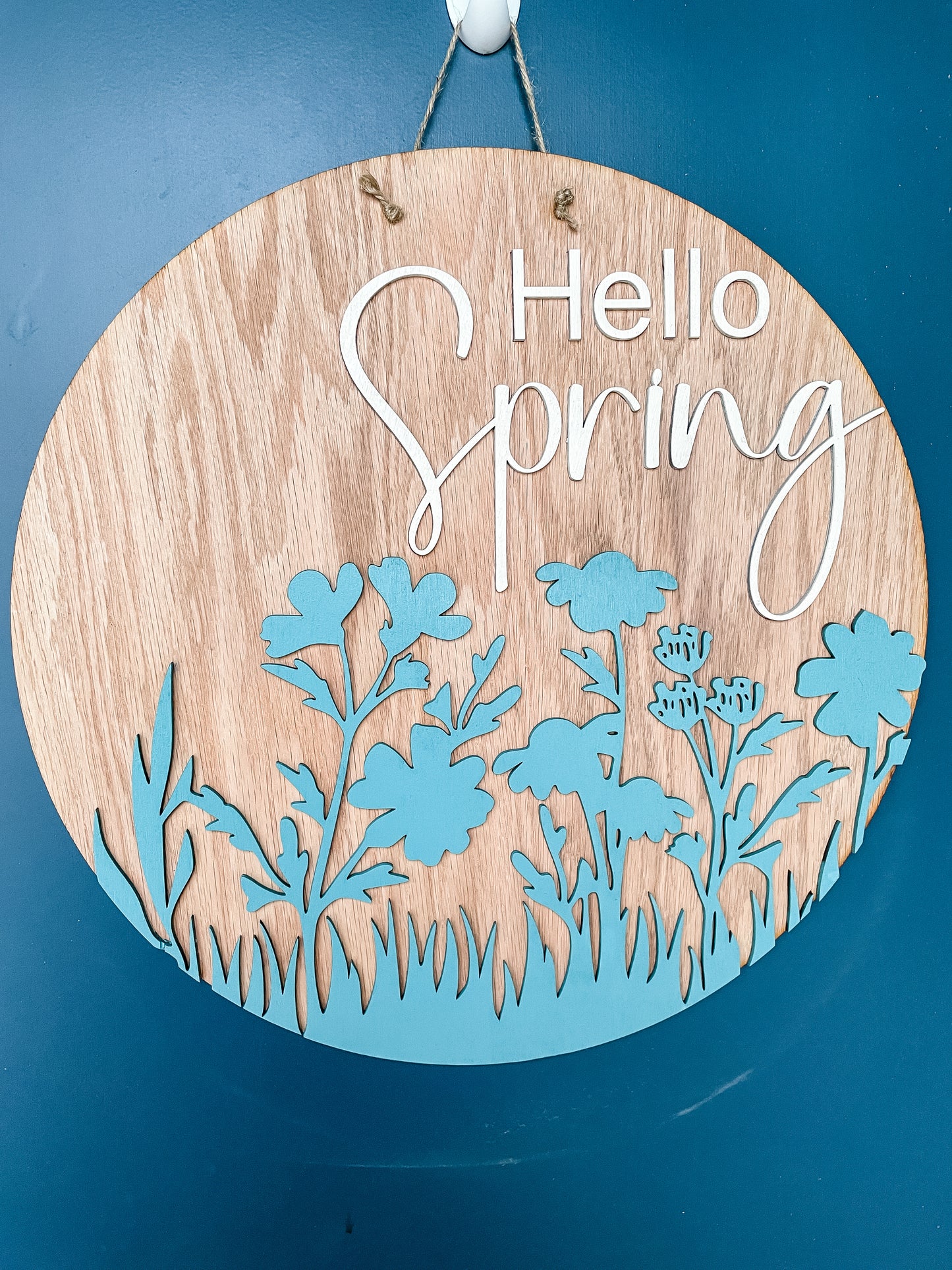 Hello Spring Flower Silhouette Round Sign