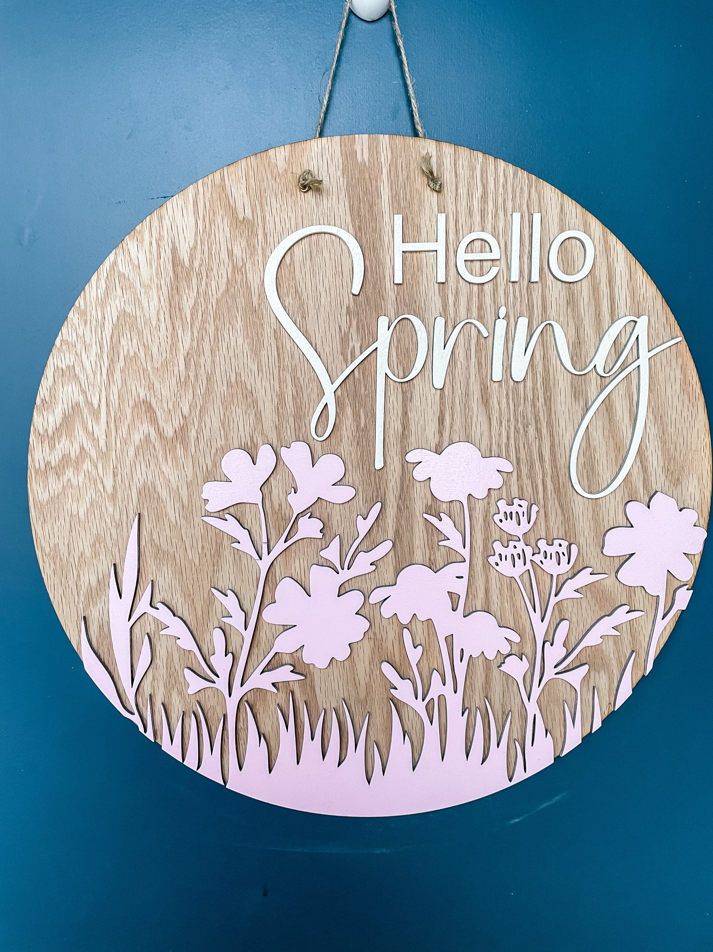Hello Spring Flower Silhouette Round Sign
