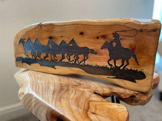 Roping Cowboy Log Engraving