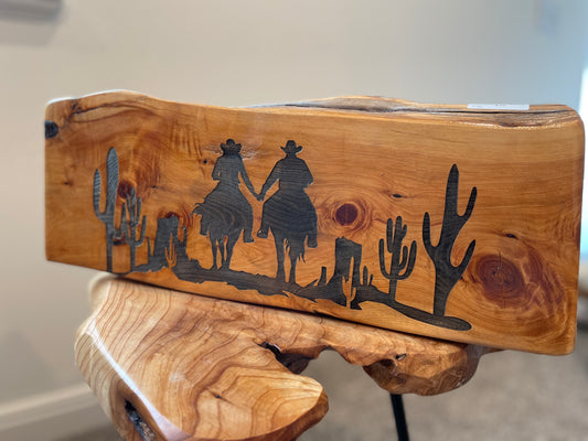 Cowboy Couple Log Engraving