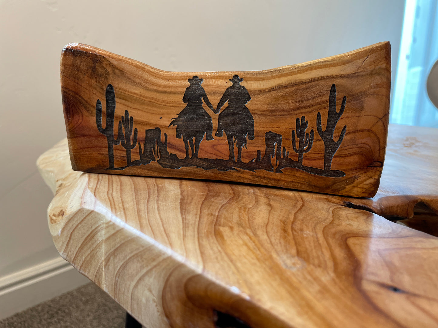 Cowboy Couple Log Engraving