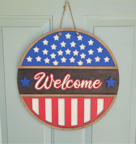 Patriotic welcome round sign